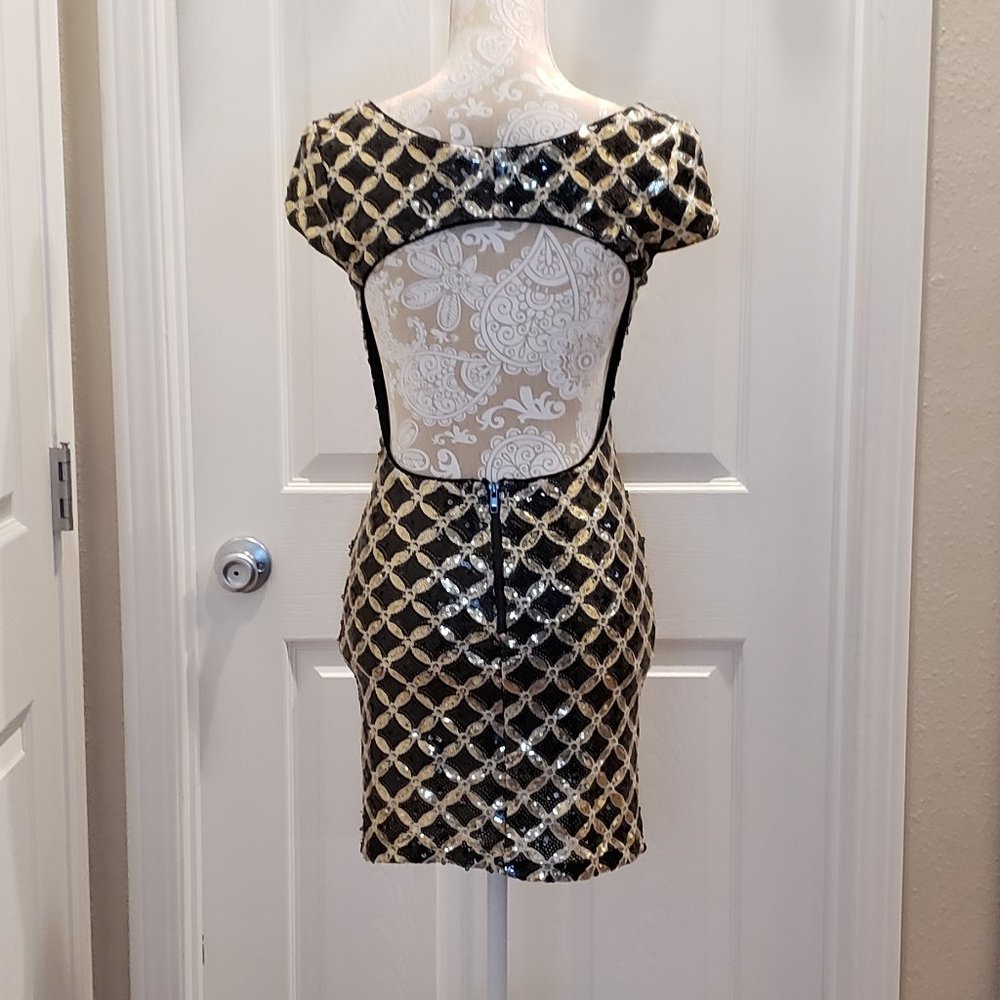 Sexy Gold & Black Sequin Mini Dress with Open Back - Picture 6 of 10